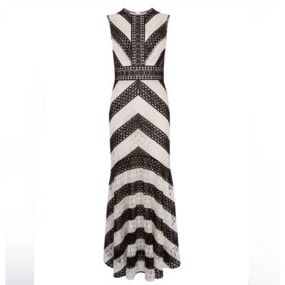 Karen Millen Chevron Crochet Maxi Mermaid Gown High-Neck Black White W US 6 NWT - Picture 1 of 9
